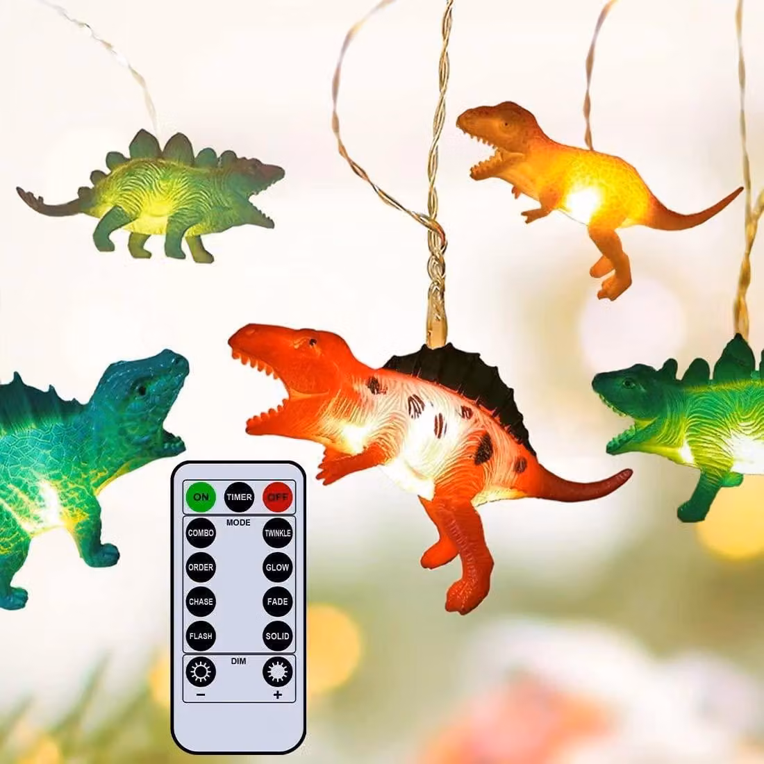 Catena luminosa a LED a forma di dinosauro, lunghezza 3 metri, 20 luci a forma di dinosauro, multicolore, con telecomando