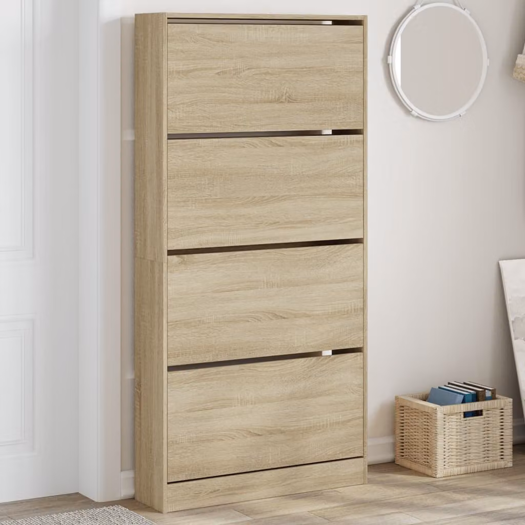 Scarpiera moderna vidaXL con 4 cassetti ribaltabili in Rovere Sonoma, colore marrone, L: 80 cm, P: 21 cm, H: 163,5 cm