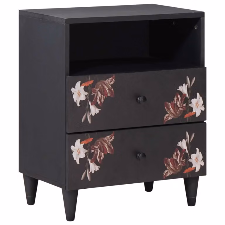Comodino moderno vidaXL in legno di mango massello con decorazione floreale multicolore L: 50 cm, P: 33 cm, H: 60 cm
