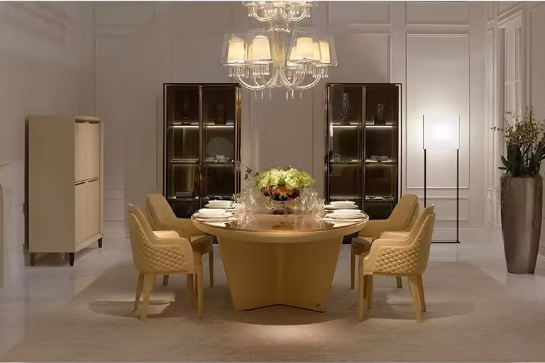 Design Rund Tisch 6x Sessel Stühle Ess Zimmer Sitz Polster Garnitur Runde Tische