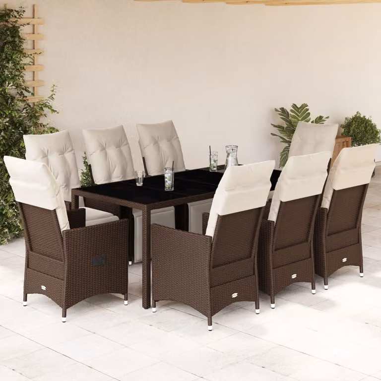 vidaXL Set Bistrò da Giardino 9 pz in Polyrattan Marrone con Cuscini e Tavolo in Vetro