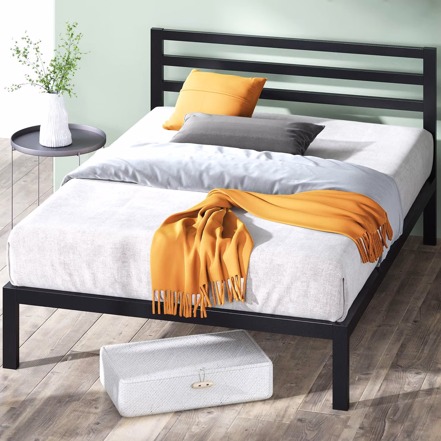 Letto in metallo, dimensioni 120x190 cm, altezza 35,5 cm, con schienale, colore nero