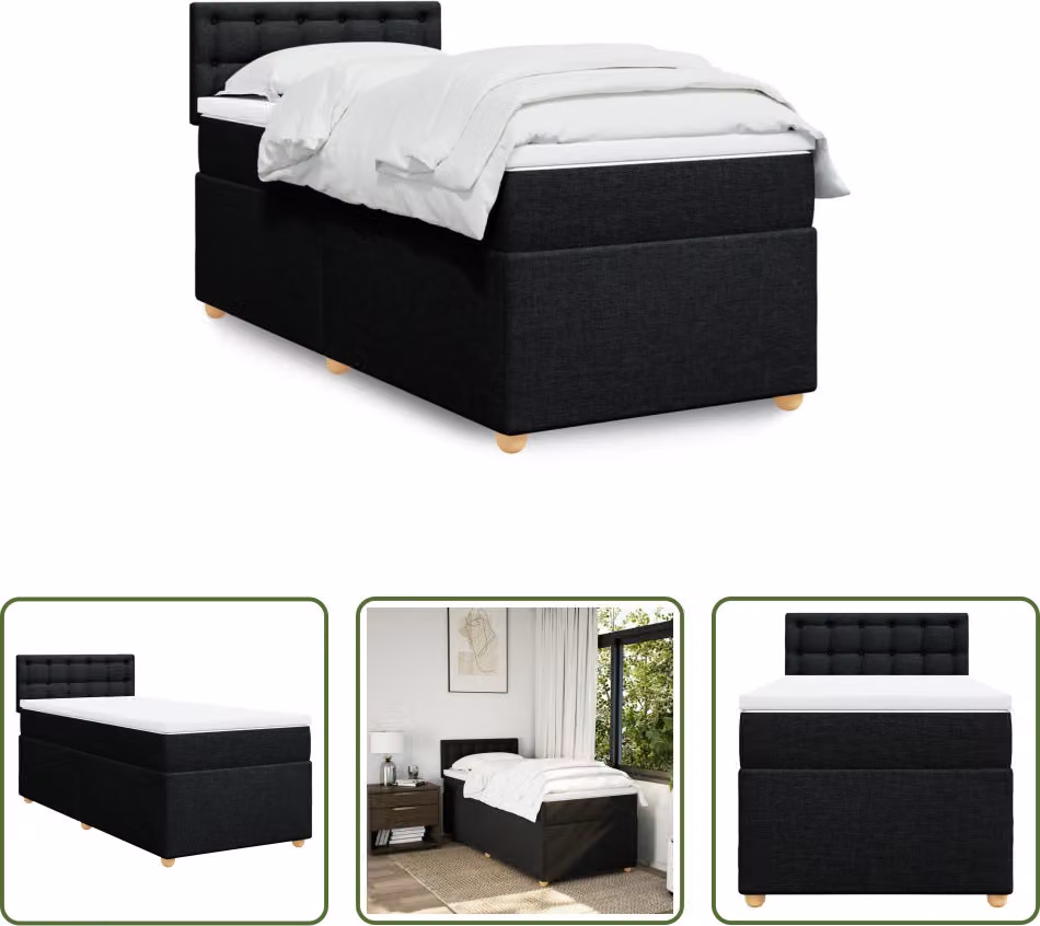 The Living Store Letto a molle con materasso nero 90x200 cm in tessuto