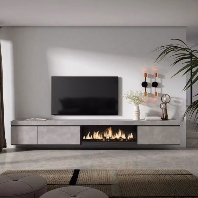 Mobile TV Soggiorno, 317x35x45cm, Camino elettrico XXL, da appendere, grigio cemento RF3669