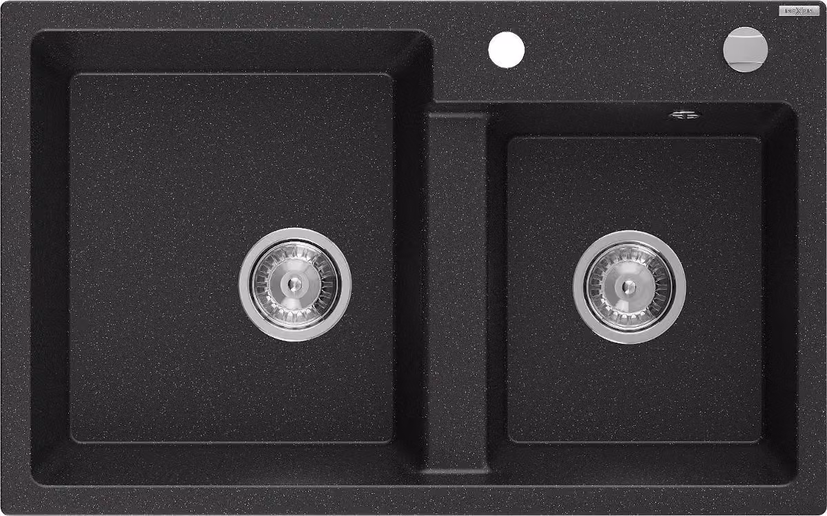 Mexen Tomas lavello in granito a 2 vasche 800 x 500 mm, nero/argento metallizzato, sifone cromato - 6516802000-73