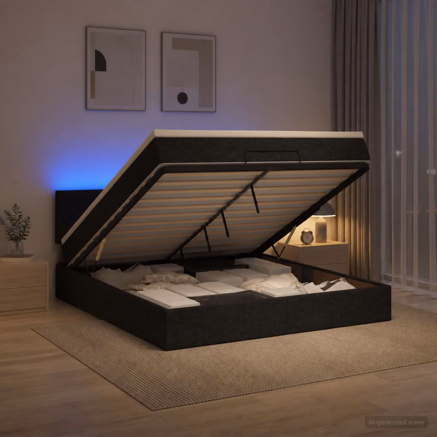 Letto Ottomano vidaXL con Materasso Ibrido, Illuminazione LED Sottostante e Porte USB, Colore Nero, L/P/H: 140 x 200 x 88 cm