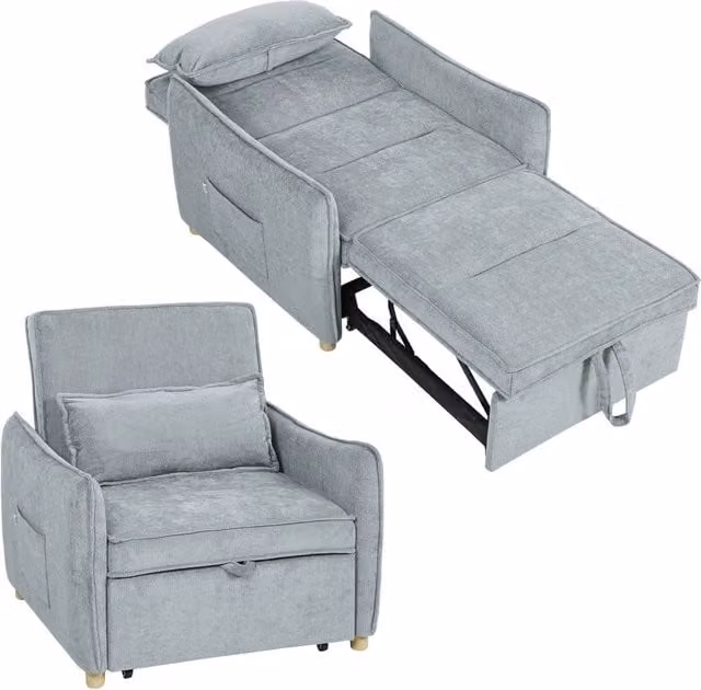 Poltrona Letto 3 in 1 Reclinabile con Cuscino, Divano Letto Singolo in Ciniglia Grigio, Salvaspazio e Multifunzionale, 88x84x87 cm