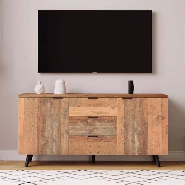 Sideboard vintage in legno marrone con 3 cassetti e ripiani regolabili, 140x35x70 cm