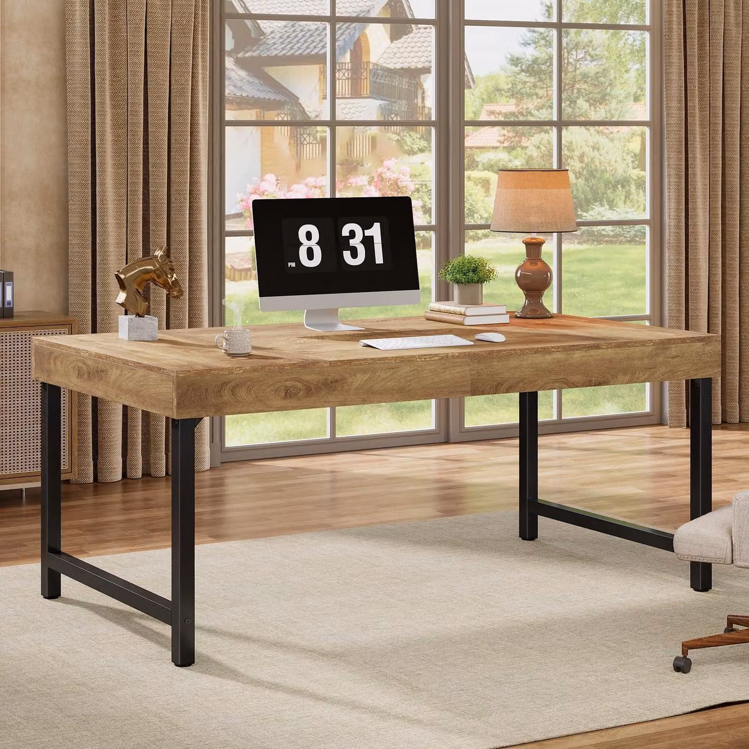 Scrivania rustica con gambe in metallo, 140 cm, in MDF nero