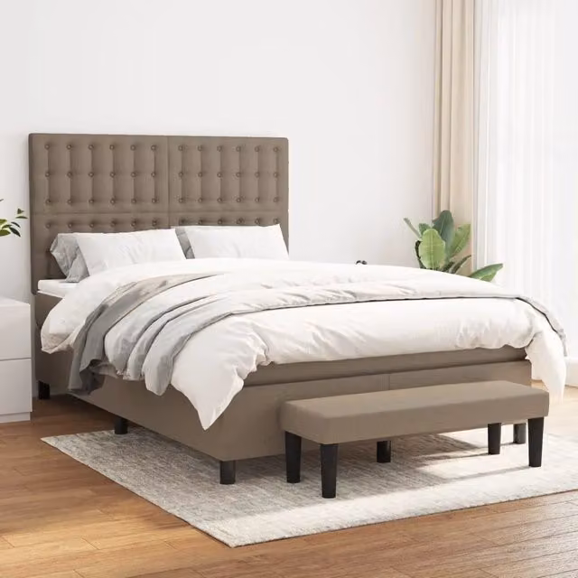 Letto Ibrido vidaXL con Giroletto a Molle e Materasso in Tessuto Beige e Bianco L/P: 140 x 190 cm – 1