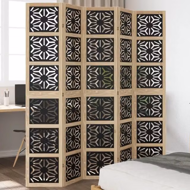 Divisorio Ambienti Design In Paravento a 5 Pannelli in Legno di Paulownia Marrone e Nero con Design Geometrico ed Etnico