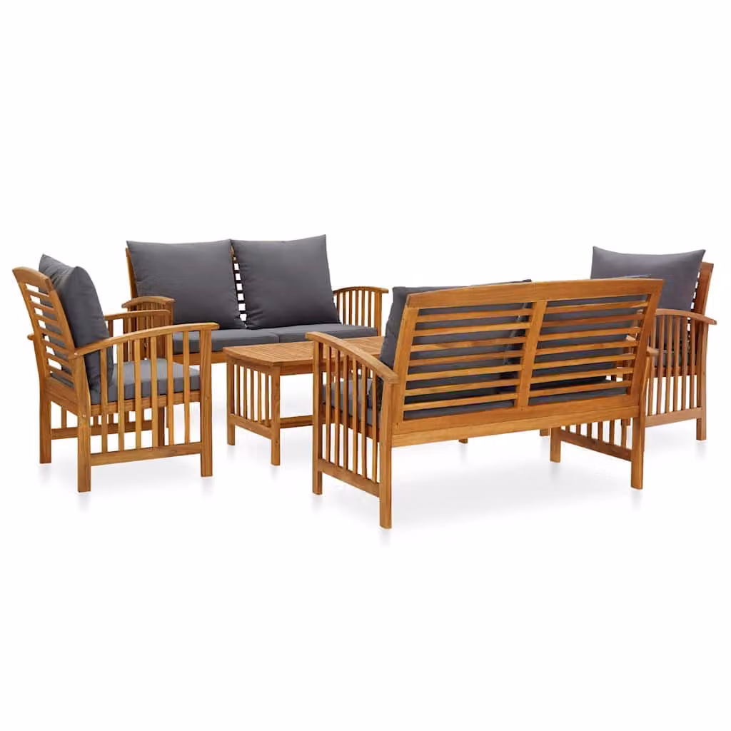 Set Divani da Giardino vidaXL 5 Pezzi in Legno di Acacia con Cuscini, Design Moderno a L, Marrone e Grigio
