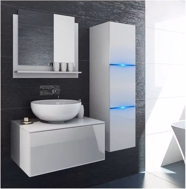 Set mobili da bagno bianco collezione OWL. Colonna, mobile sottolavabo, specchio, sifone e led