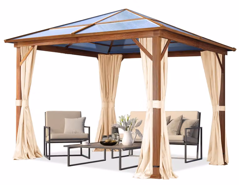 TOOLPORT Gazebo da giardino 3x3 m look quercia, tetto ca. 8mm policarbonato, 4 teli laterali color crema