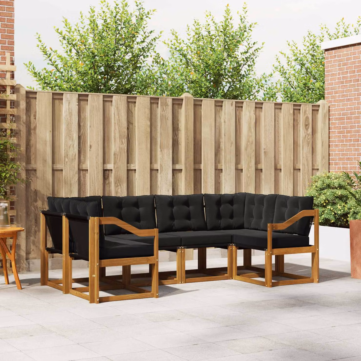 Set di divani da esterno vidaXL 6 pz a forma di L in legno di acacia con cuscini in textilene marrone e nero