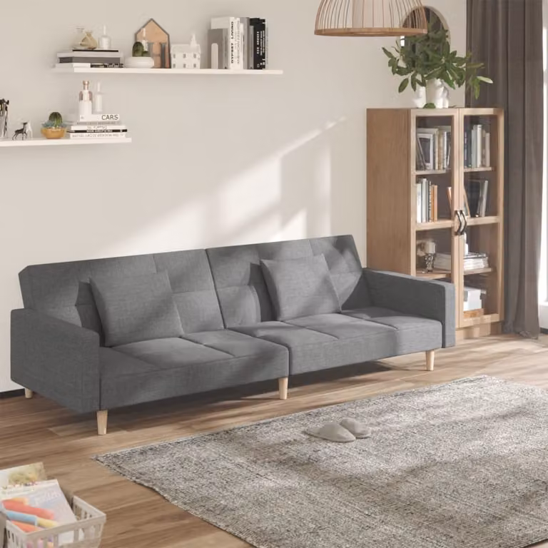 vidaXL Divano Letto Click-Clack Moderno in Tessuto Grigio con 2 Cuscini e Struttura in Legno Solido