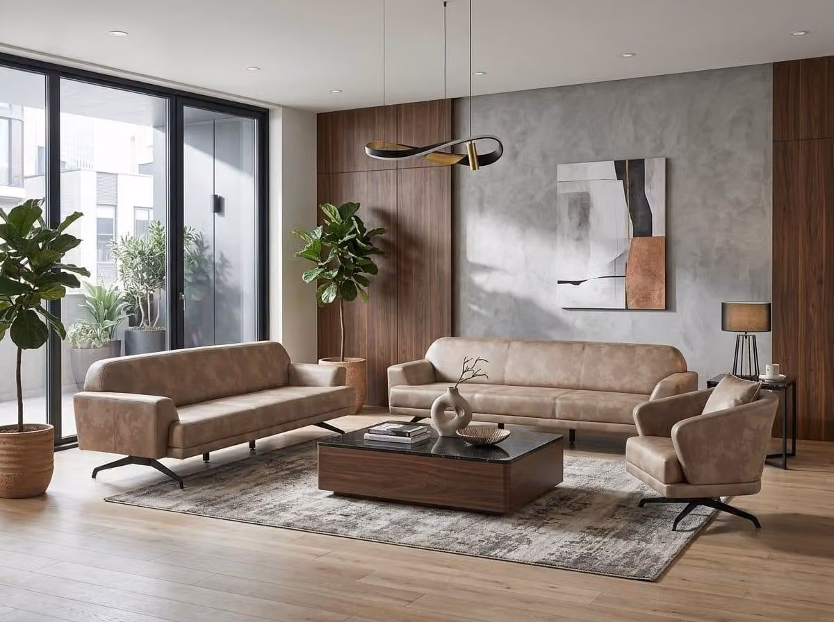 Couchgarnitur 3-Sitzer Sofa Sessel Leder Beige Modern Bequem
