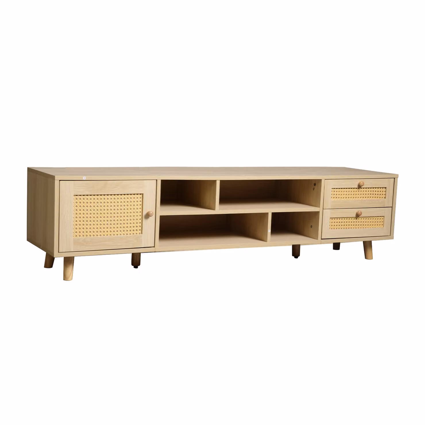 Mobile TV Aosom in stile Scandinavo con Rattan, Colore Legno Quercia e Beige, per TV fino a 70 Pollici con 2 Cassetti e Gestione Cavi – 2