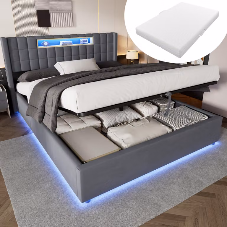 Letto imbottito MODFU 160x200 in velluto, completo di materasso, letto per giovani con ampio spazio contenitore, cassone letto idraulico, illuminazione LED e ripiano imbottito nella testiera, letto matrimoniale moderno, colore grigio