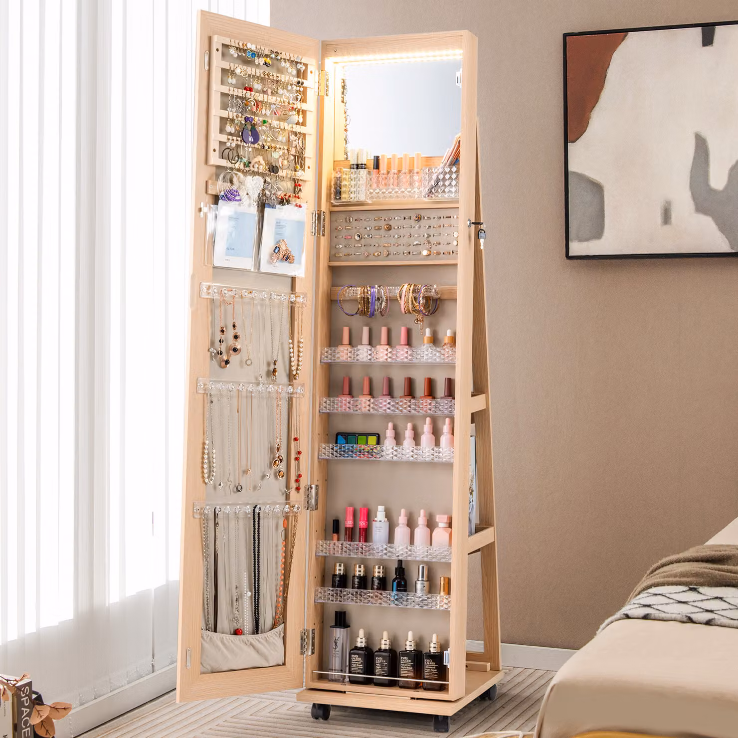 Armadio portagioie bloccabile Costway con specchio e luci LED a 3 colori, ripiani regolabili, colore beige e finitura naturale opaca