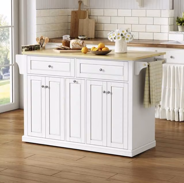 Isola cucina mobile con piano ribaltabile; MDF; Natural/White; 121x49(69)x89 cm