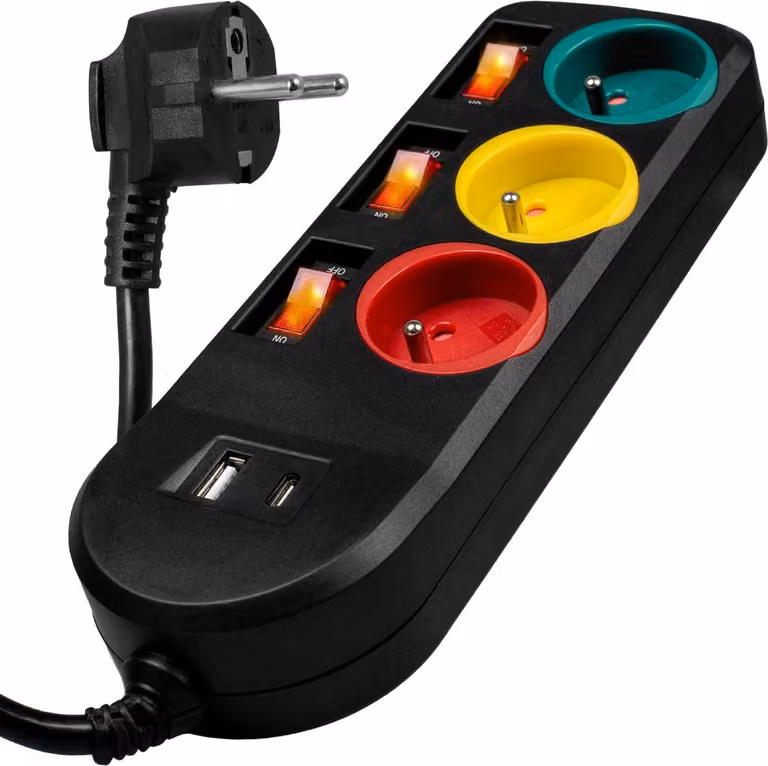 Vayox VA0402 striscia di prese 2m a 3 vie, USB-A, USB-C, 3 interruttori, nero
