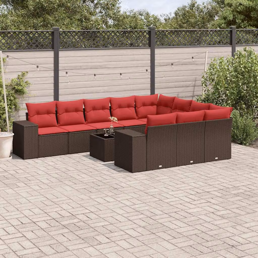 Set di divani da giardino vidaXL in polyrattan marrone con 11 pezzi e cuscini inclusi