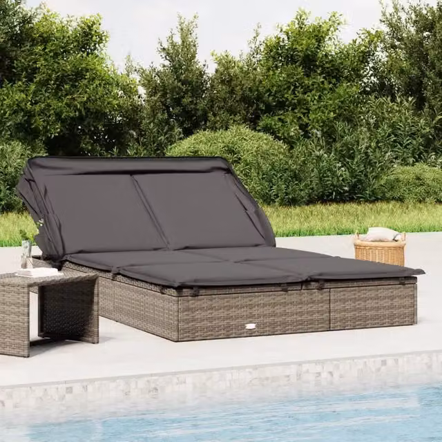 Lettino Doppio Tetto Pieghevole Grigio 213x118x97 cm Polyrattan 319651