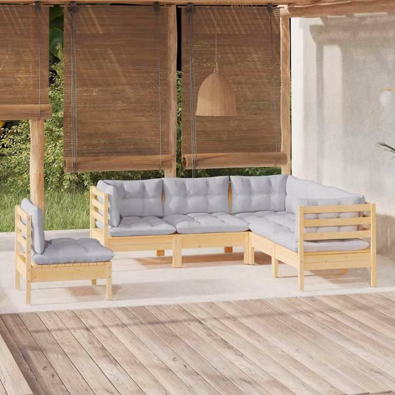 Set di divani da giardino vidaXL a forma di L in legno massello di pino con cuscini grigi