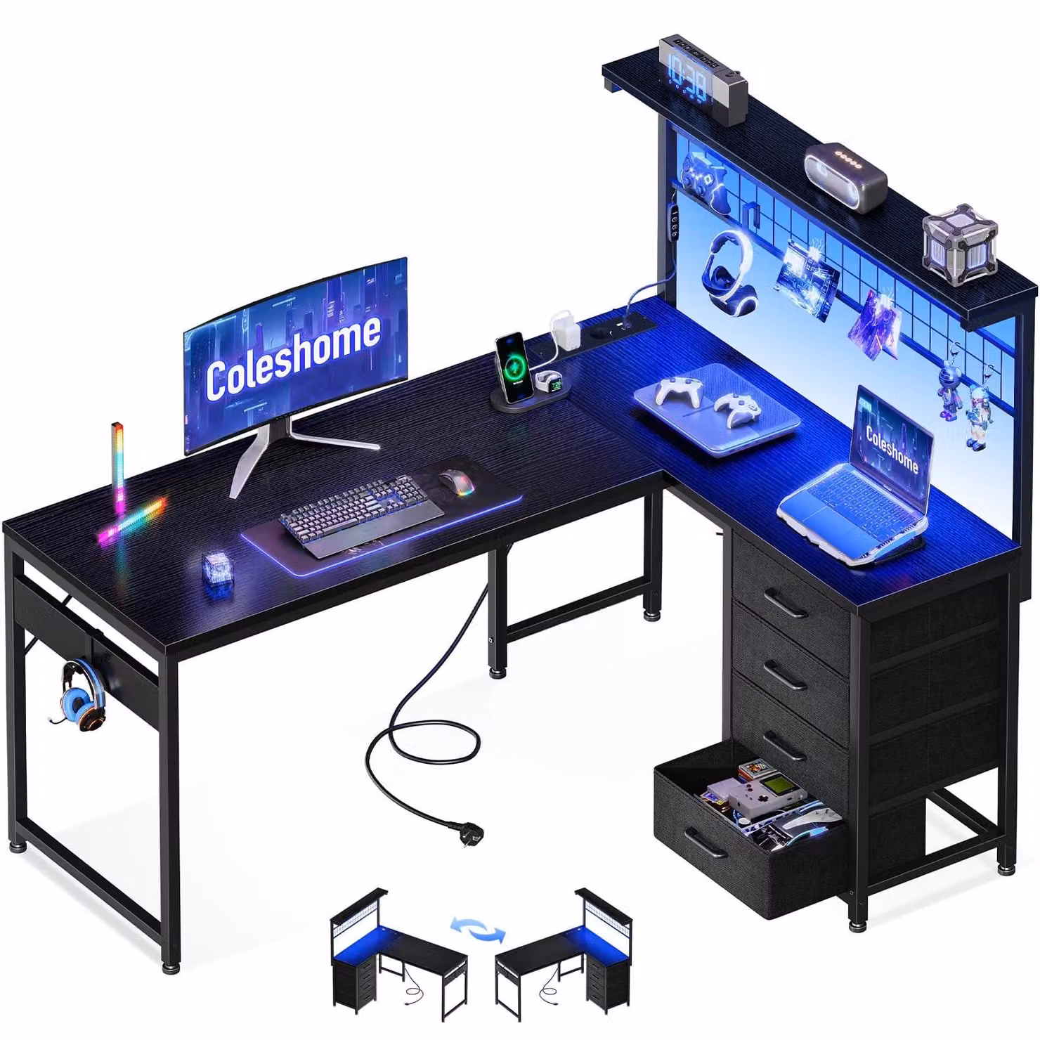 Scrivania da gioco ad angolo - Forma a L - 130 x 100 cm - 4 cassetti - Nero