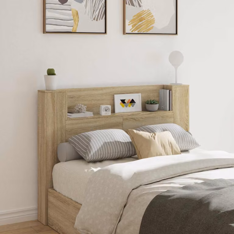 Testata del letto con mobile e illuminazione LED vidaXL in legno ingegnerizzato color Sonoma, L: 140,0 cm, P: 19,7 cm, H: 103,5 cm