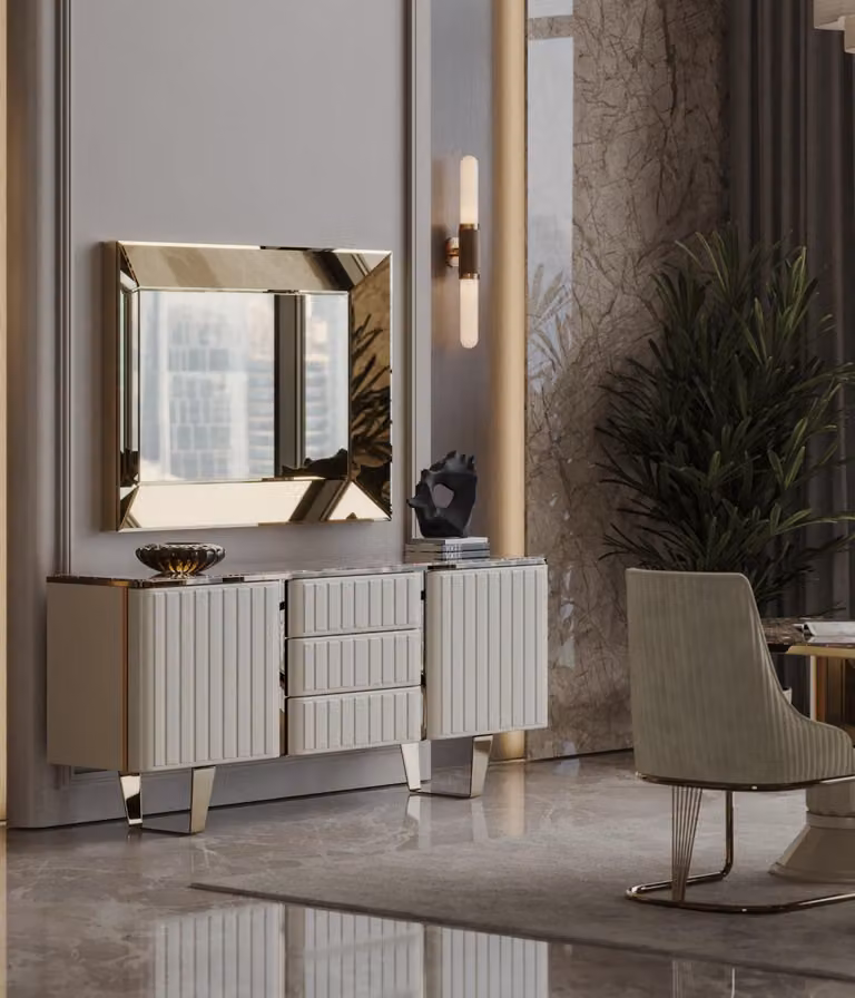 Modernes Beiges Sideboard Exklusiver Spiegel Stilvolle Holz Kommode