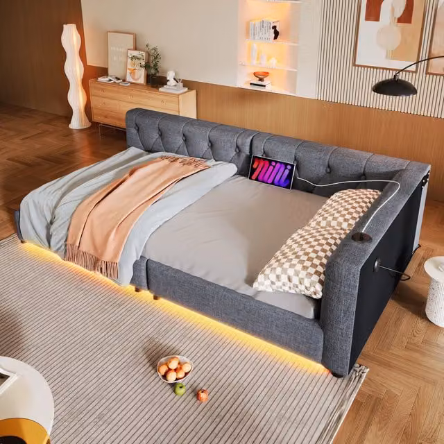 Divano letto singolo 90x200 cm; rete a doghe con LED; lino e MDF; grigio