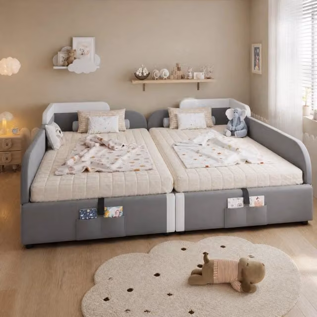 Letto imbottito per bambini con contenitore idraulico, struttura in velluto e compensato grigio, 90x200 cm x2