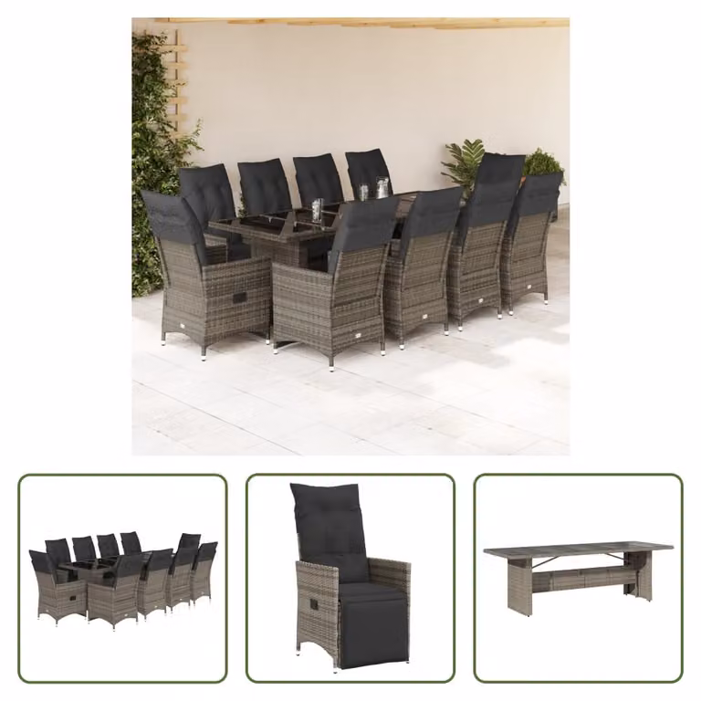 The Living Store Set bistrot da giardino 11 pezzi con cuscini in poly rattan grigio