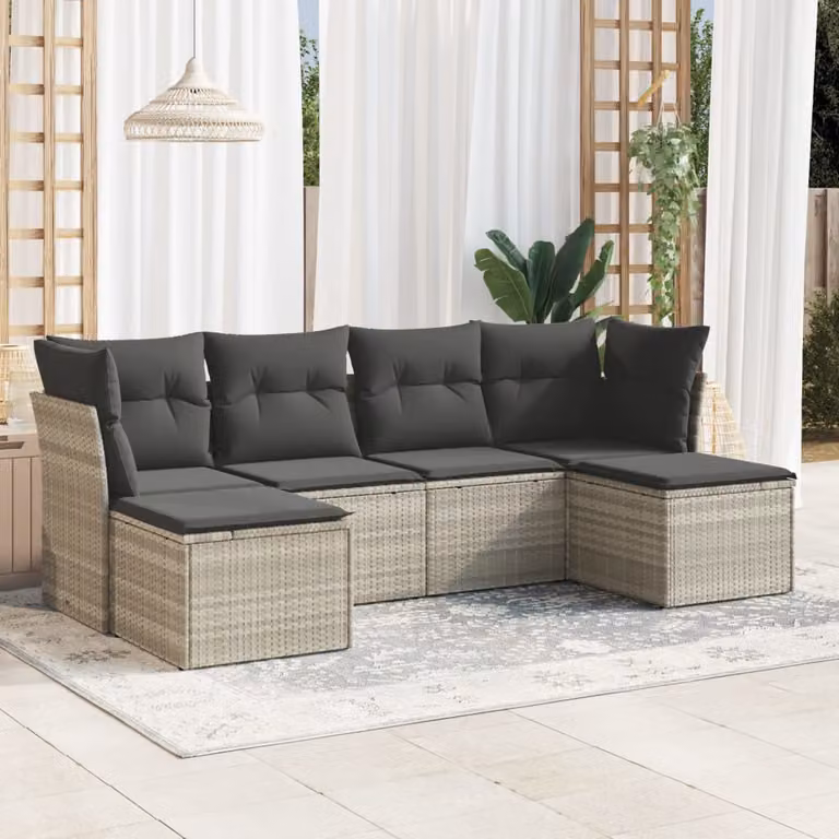 Set Divano da Giardino vidaXL 6pz in Polyrattan Grigio con Cuscini Imbottiti e Coperture Rimosse