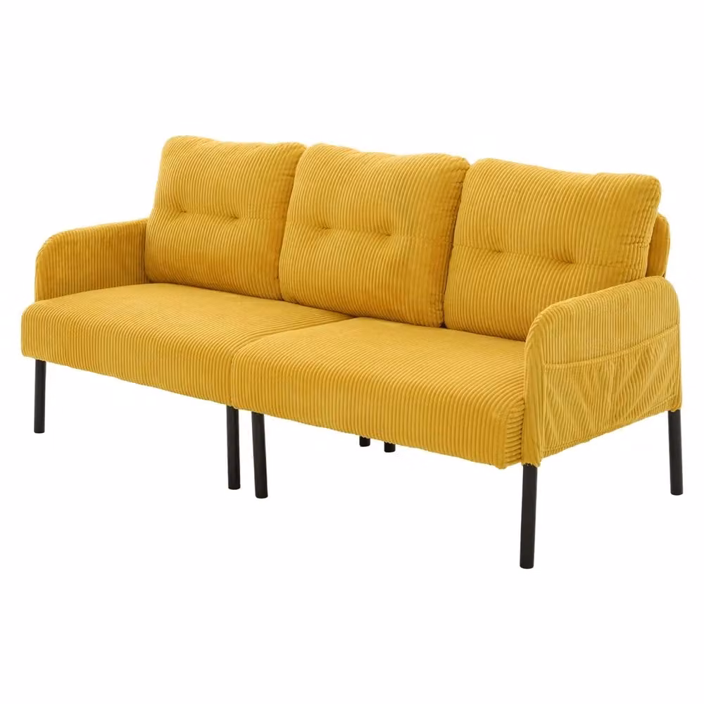 Divano 3 posti Minimal in velluto giallo con gambe in metallo e tasche laterali L: 210 cm, P: 90 cm, H: 85 cm – 2