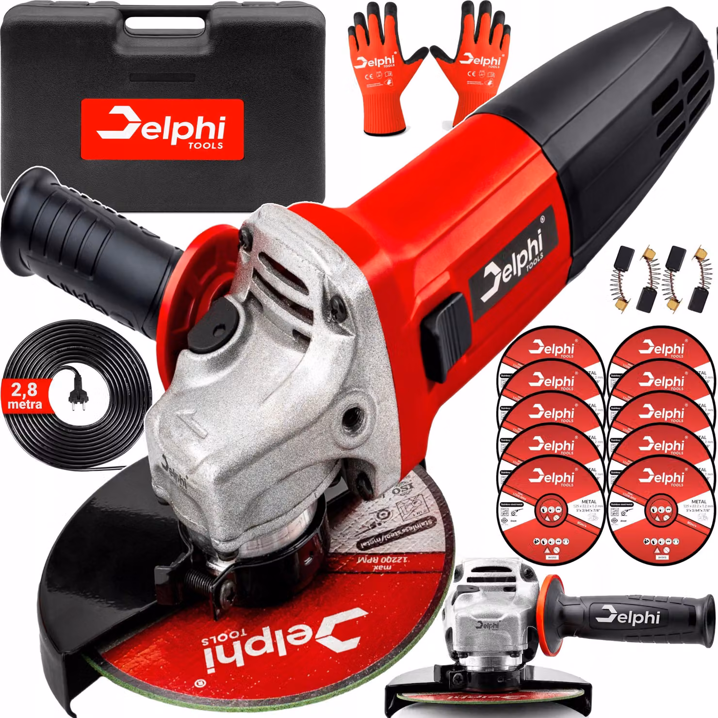 Delphi Tools - Smerigliatrice angolare - Dischi da taglio - Cappuccio protettivo - Guanti da lavoro - 850 W - 115-125 mm