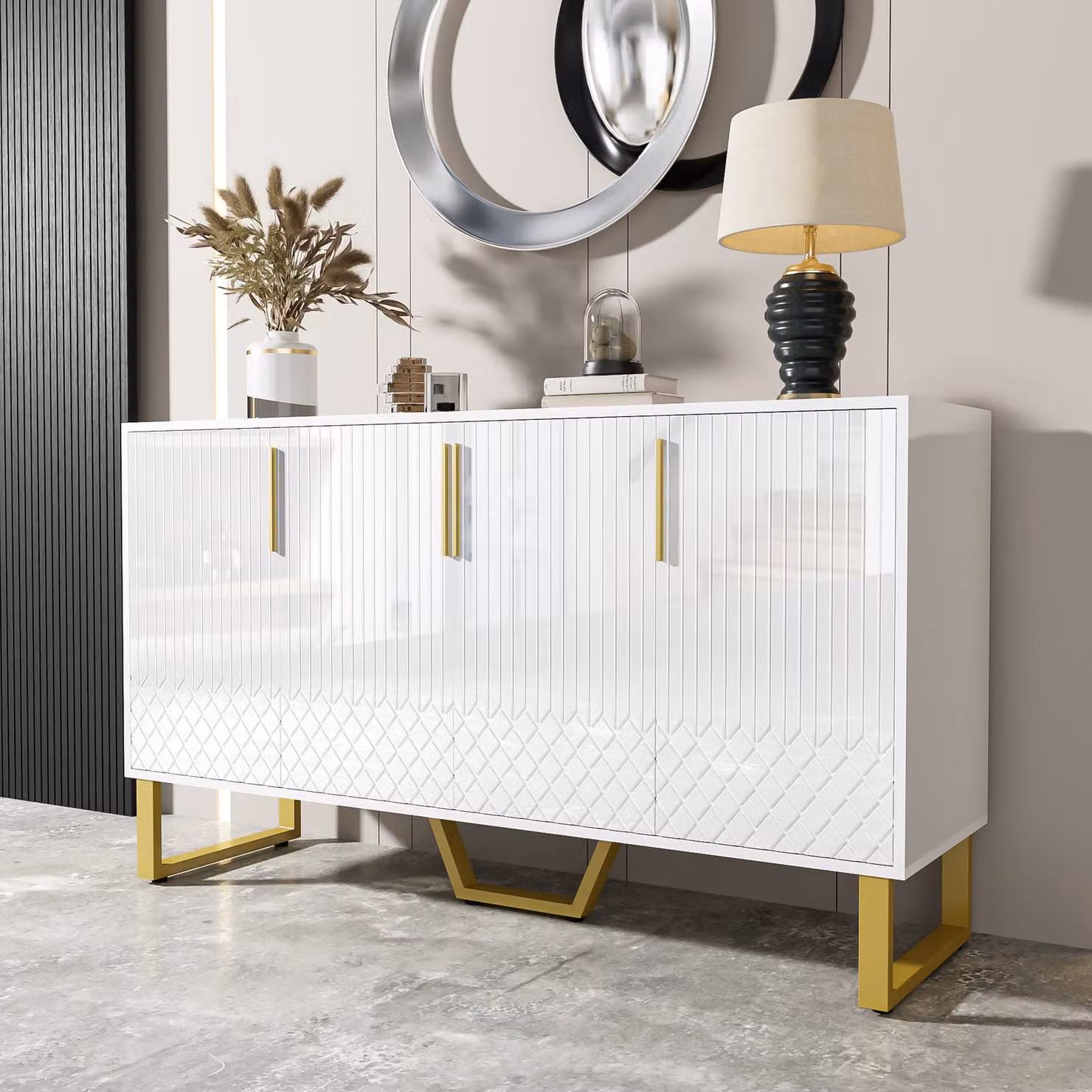 Madia moderna GL Store con 4 ante e finitura lucida bianca, L/P/H: 140 x 40 x 80 cm – 2