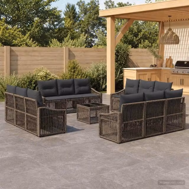 Set Divano da Giardino vidaXL a forma a U in Polyrattan Grigio con Tavolino e Cuscini