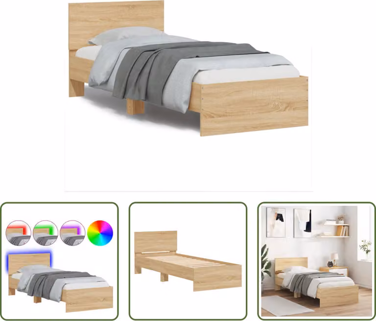 The Living Store Struttura letto con testiera e luci LED Rovere Sonoma 90x190cm