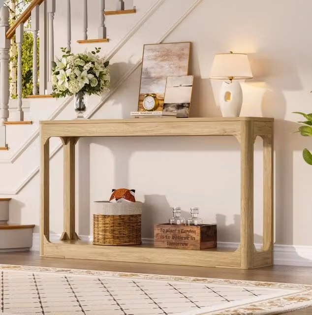 Consolle ULEVR 140 cm curva con ripiani aperti, tavolo stretto dietro divano in MDF color legno naturale