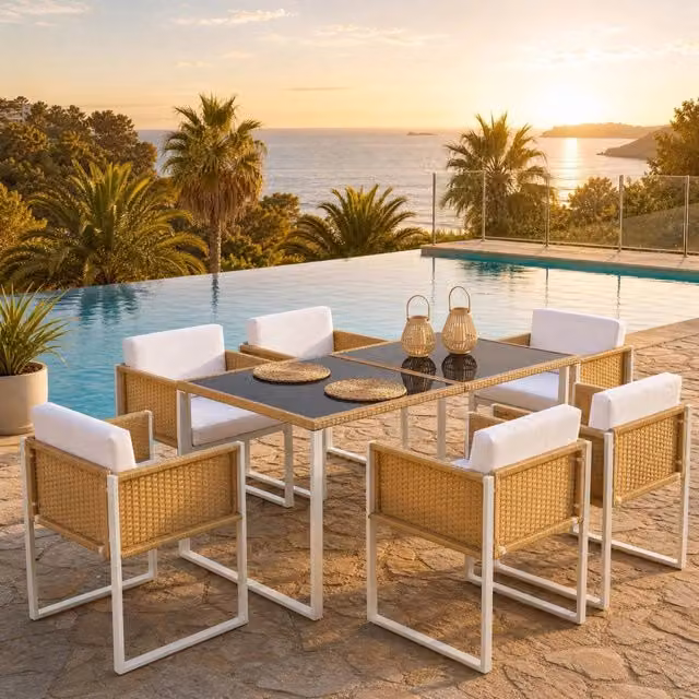 Set pranzo da giardino con tavolo 170x80 cm e 6 sedie in PE rattan; marrone e bianco