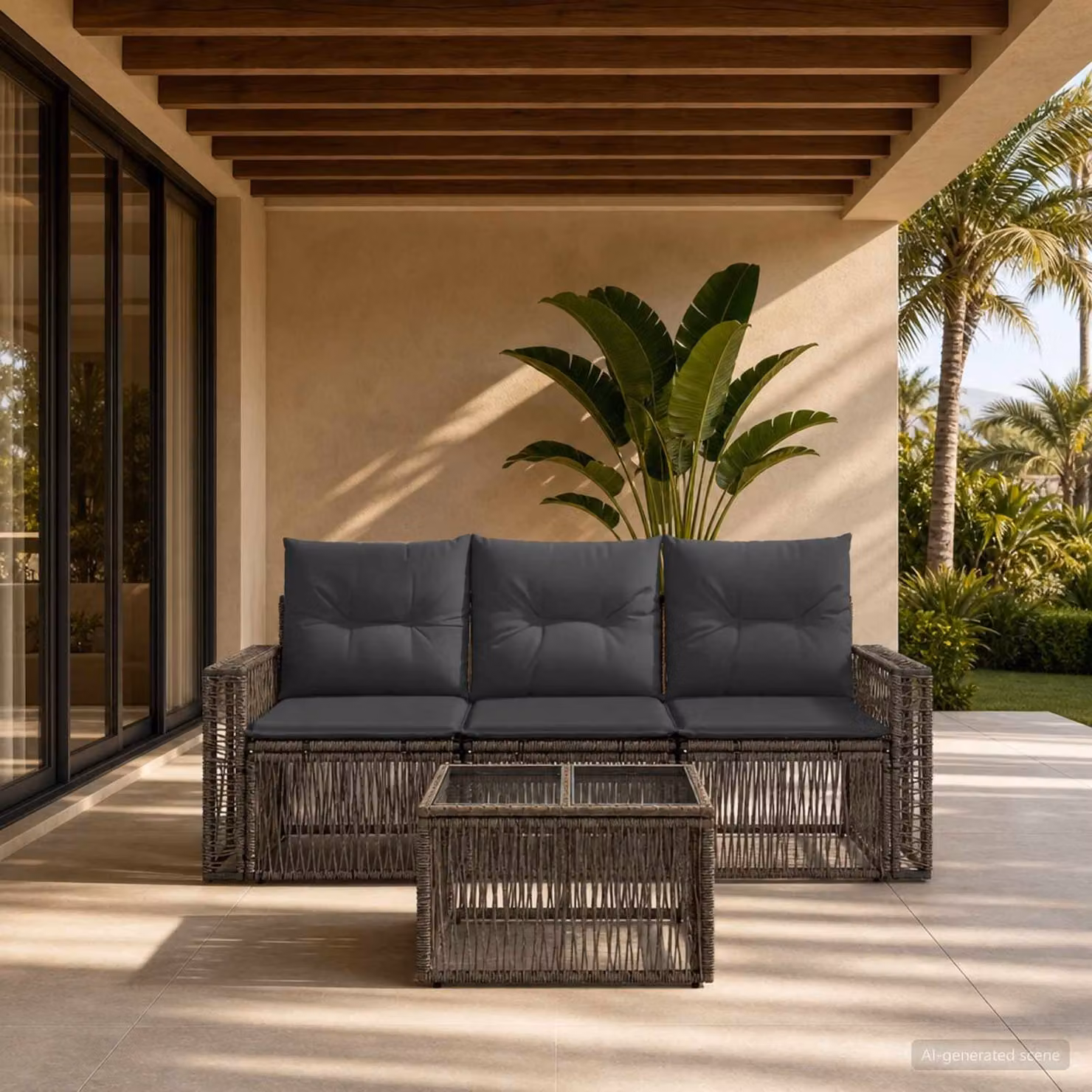 Set Divano da Giardino vidaXL 4 Pezzi in Polyrattan Grigio e Antracite con Tavolino e Cuscini Imbottiti