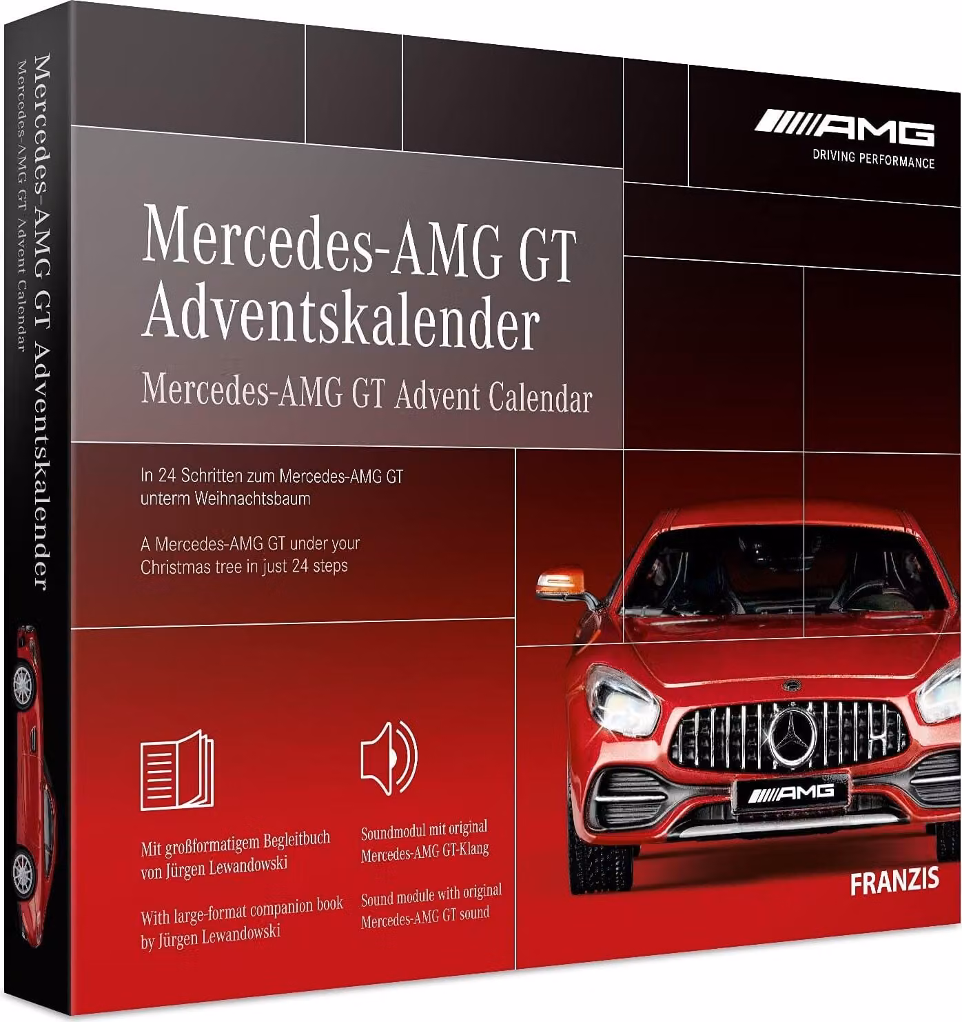 FRANZIS 67103 - Calendario dell'Avvento Mercedes-AMG GT, kit di montaggio in metallo in scala 1:43, incl. modulo sonoro e libretto di 52 pagine