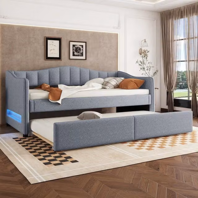 Letto estraibile REDOM in lino grigio con cassetti e illuminazione sottostante L/P/H: 90 x 200 x 212 cm