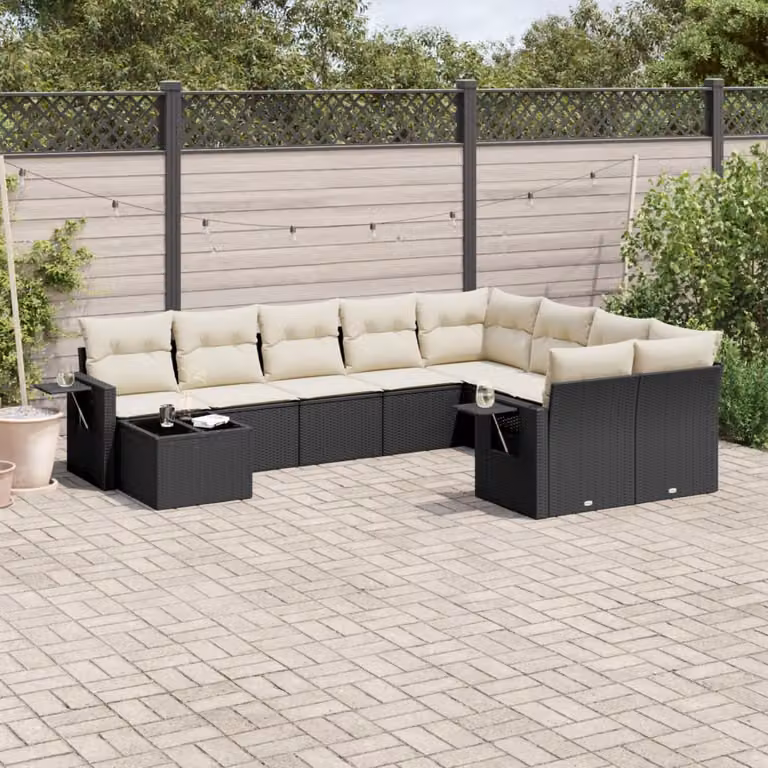 vidaXL Set Divani da Giardino 10 Pezzi in Polyrattan Nero con Cuscini e Tavolino da Esterno