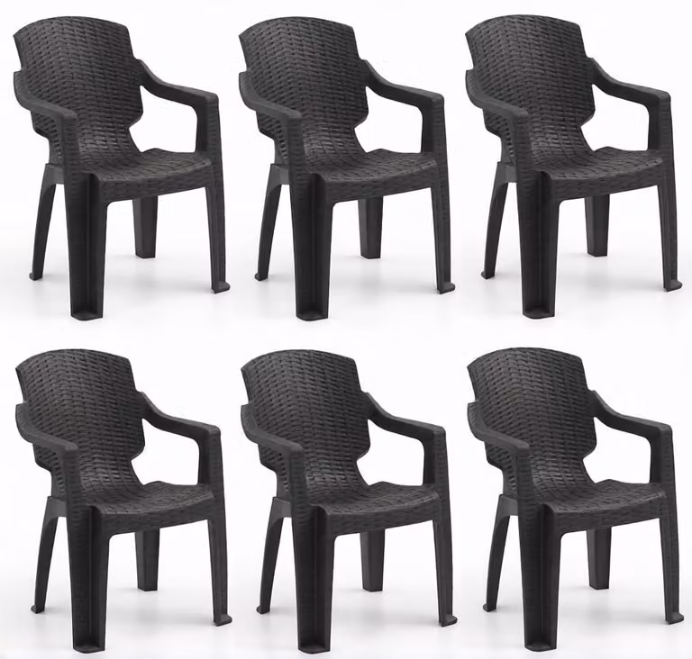 Sedia in plastica, effetto rattan, con braccioli, disponibile nei colori nero, marrone e antracite