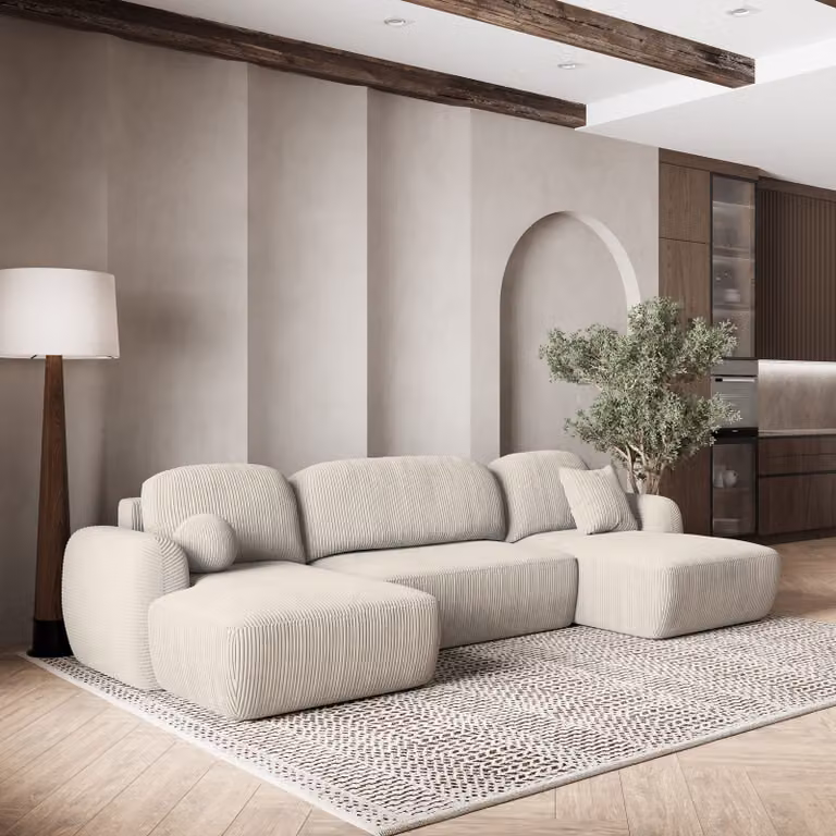 Divano angolare SAVONA P di Masseno con funzione letto a U, divano con box letto, divano da salotto, divano, divano, divano letto, set di divani - crema, POSO 100