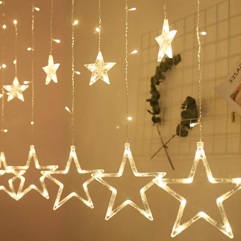 Tenda luminosa a LED, 2,5 metri, 12 stelle, 108 LED bianco caldo, alimentata a batteria